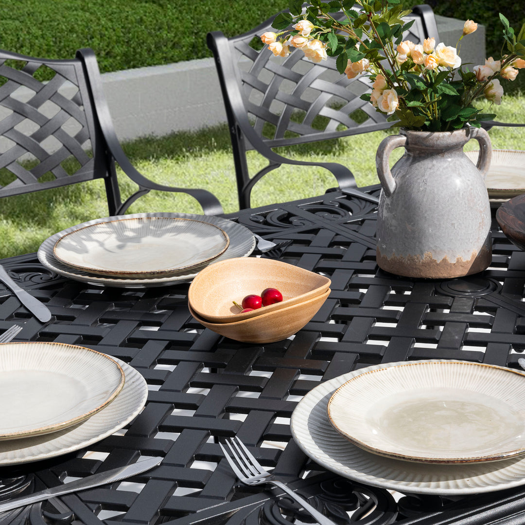 Nuu Garden Outdoor 7-Piece Cast Aluminum Dining Set, Lattice and Floral Patterns