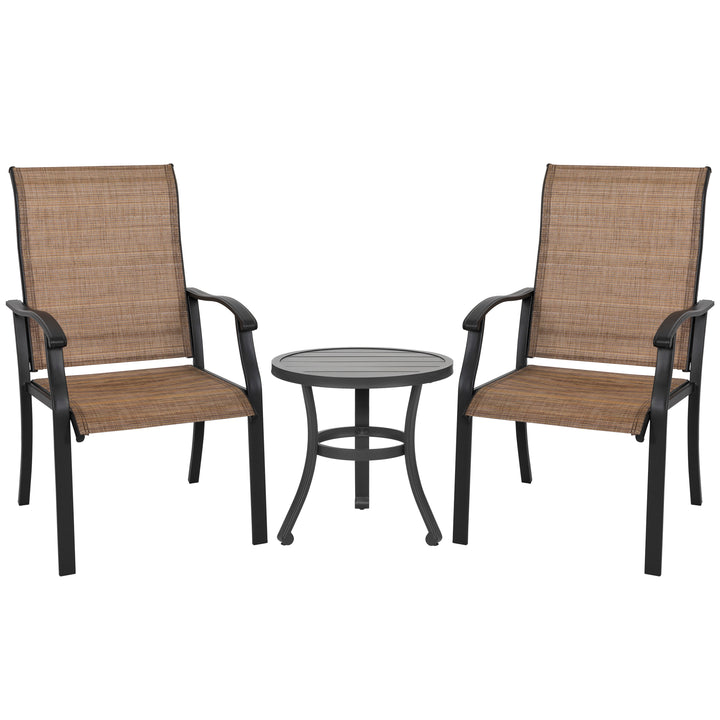 Outdoor Patio Bistro Set, 2 Bistro Chairs and 20 Inch Round Bistro Table, Textilene Fabric, Powder-Coated Iron Frame, for Patio, Deck, Garden, Backyard, Balcony, Black and Brown