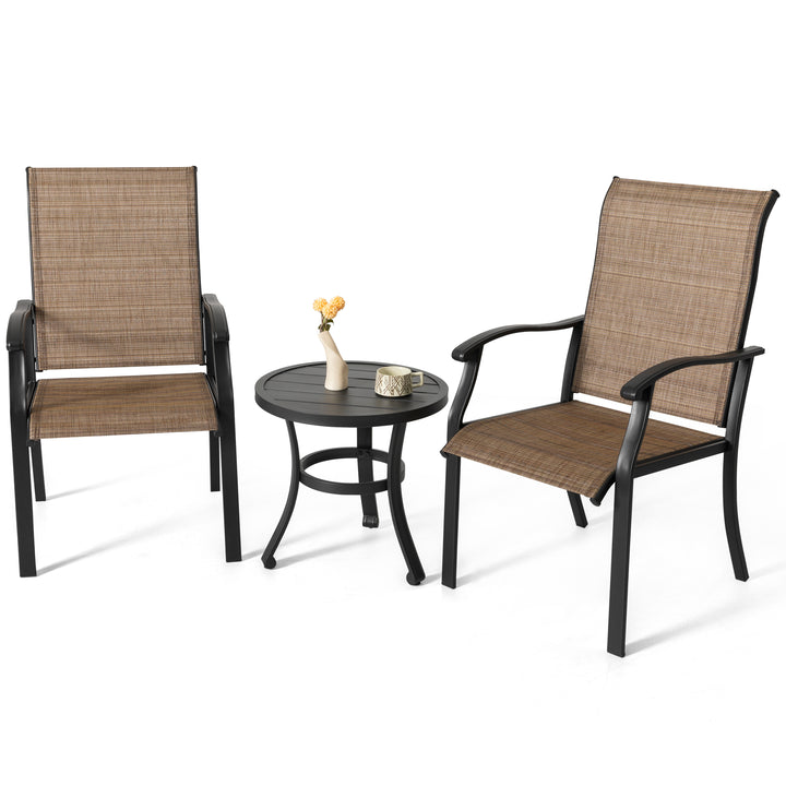 Outdoor Patio Bistro Set, 2 Bistro Chairs and 20 Inch Round Bistro Table, Textilene Fabric, Powder-Coated Iron Frame, for Patio, Deck, Garden, Backyard, Balcony, Black and Brown