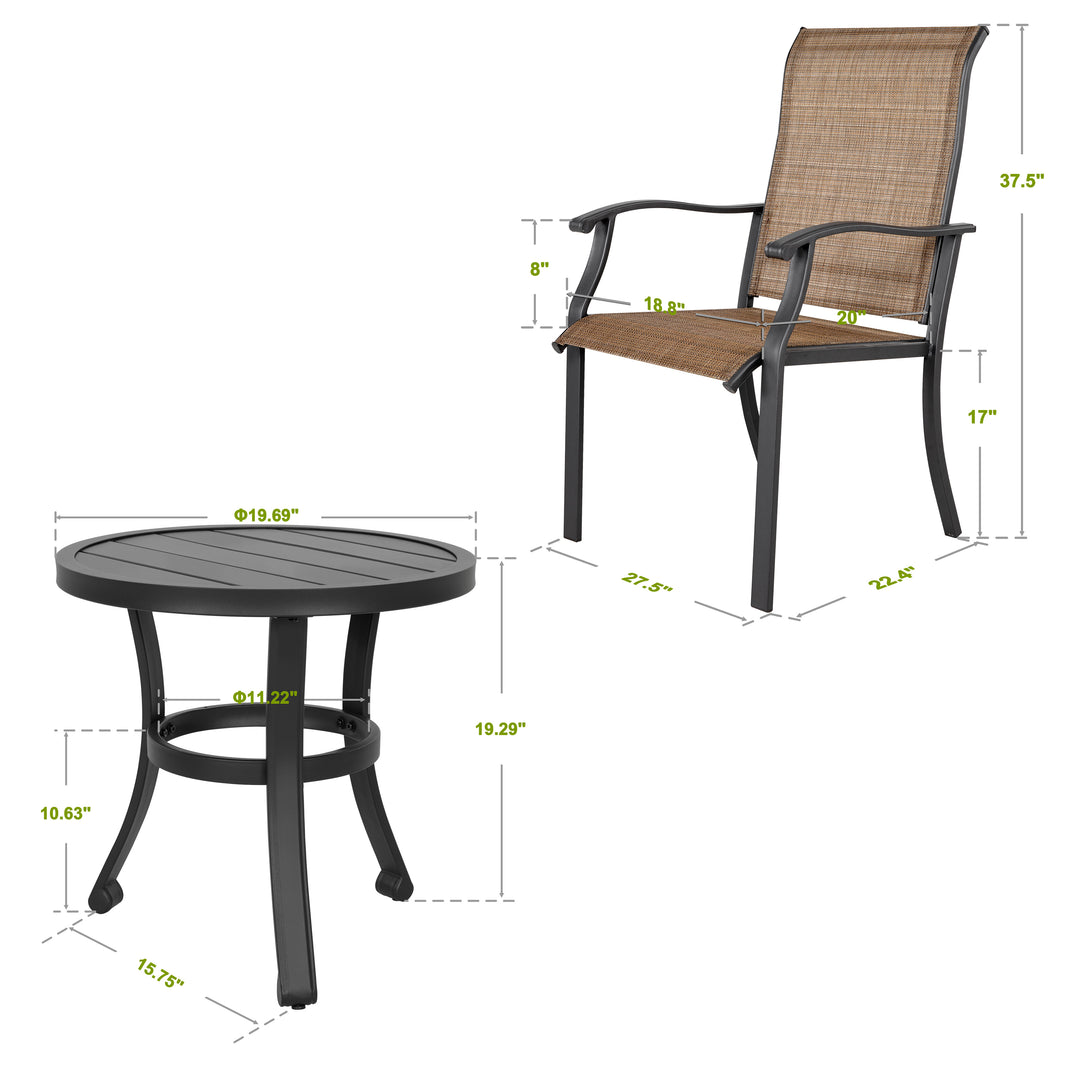 Outdoor Patio Bistro Set, 2 Bistro Chairs and 20 Inch Round Bistro Table, Textilene Fabric, Powder-Coated Iron Frame, for Patio, Deck, Garden, Backyard, Balcony, Black and Brown