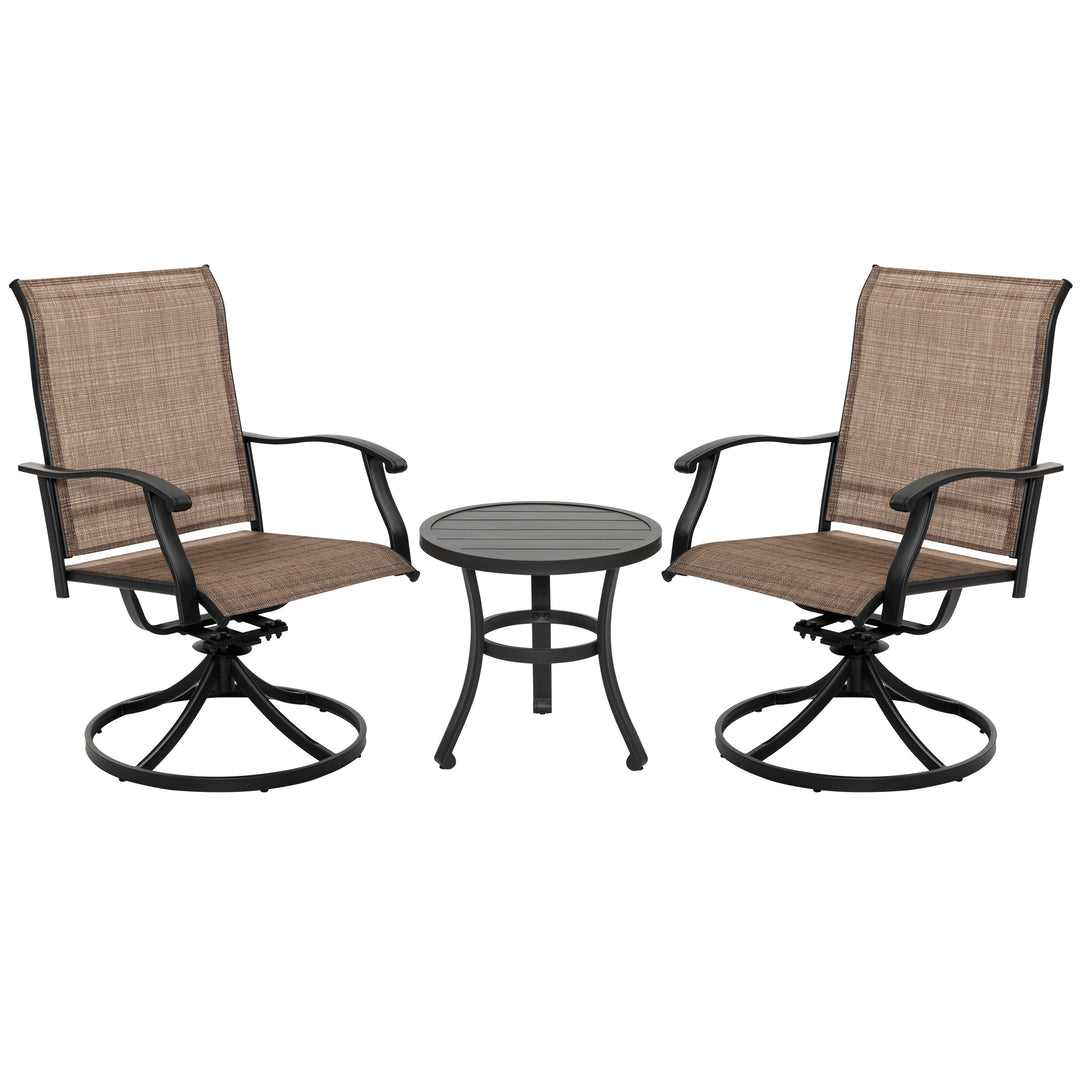 Outdoor Patio Bistro Set, 2 Swivel Bistro Chairs and 20 Inch Round Bistro Table, Textilene Fabric, Powder-Coated Iron Frame, for Patio, Deck, Garden, Backyard, Balcony, Black and Brown