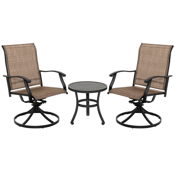 Outdoor Patio Bistro Set, 2 Swivel Bistro Chairs and 20 Inch Round Bistro Table, Textilene Fabric, Powder-Coated Iron Frame, for Patio, Deck, Garden, Backyard, Balcony, Black and Brown