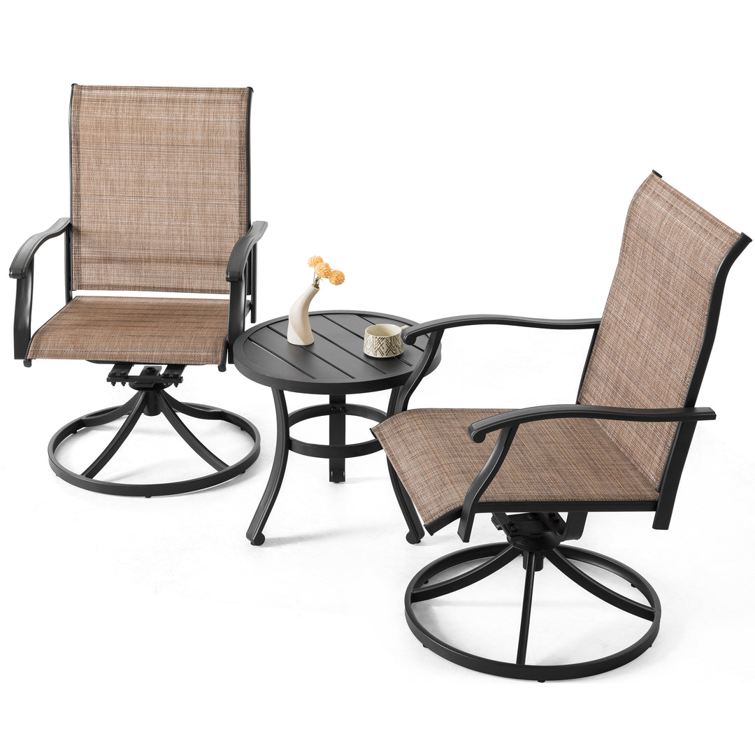 Outdoor Patio Bistro Set, 2 Swivel Bistro Chairs and 20 Inch Round Bistro Table, Textilene Fabric, Powder-Coated Iron Frame, for Patio, Deck, Garden, Backyard, Balcony, Black and Brown