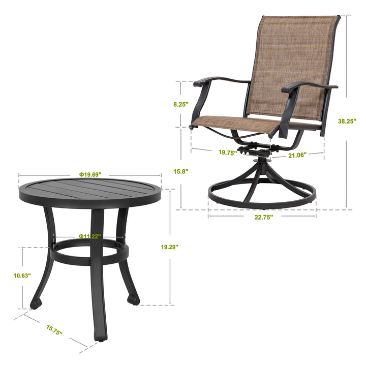 Outdoor Patio Bistro Set, 2 Swivel Bistro Chairs and 20 Inch Round Bistro Table, Textilene Fabric, Powder-Coated Iron Frame, for Patio, Deck, Garden, Backyard, Balcony, Black and Brown