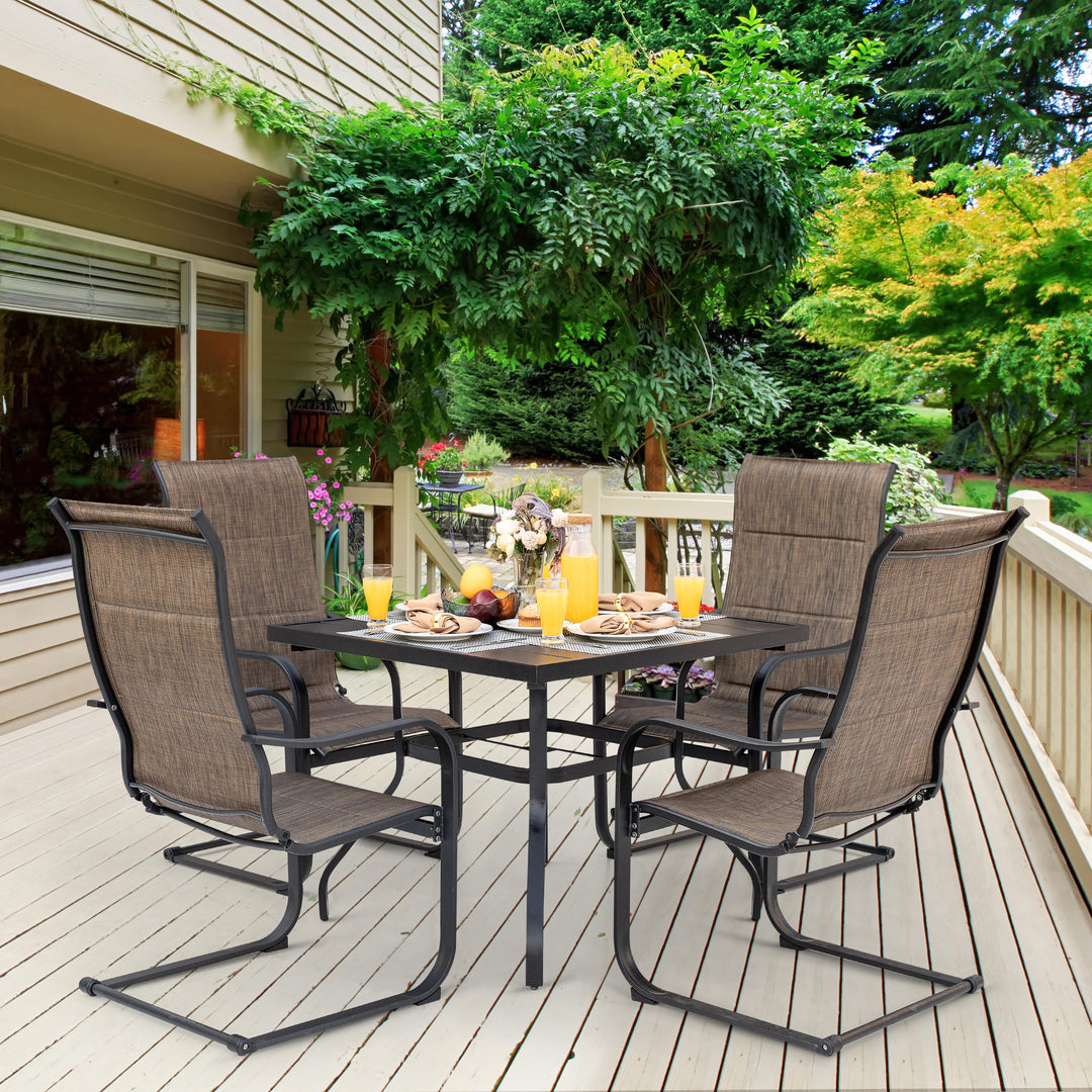5 Piece Outdoor Dining Set, Square Steel Umbrella Dining Table and 4 C-spring Motion Textilene Chairs