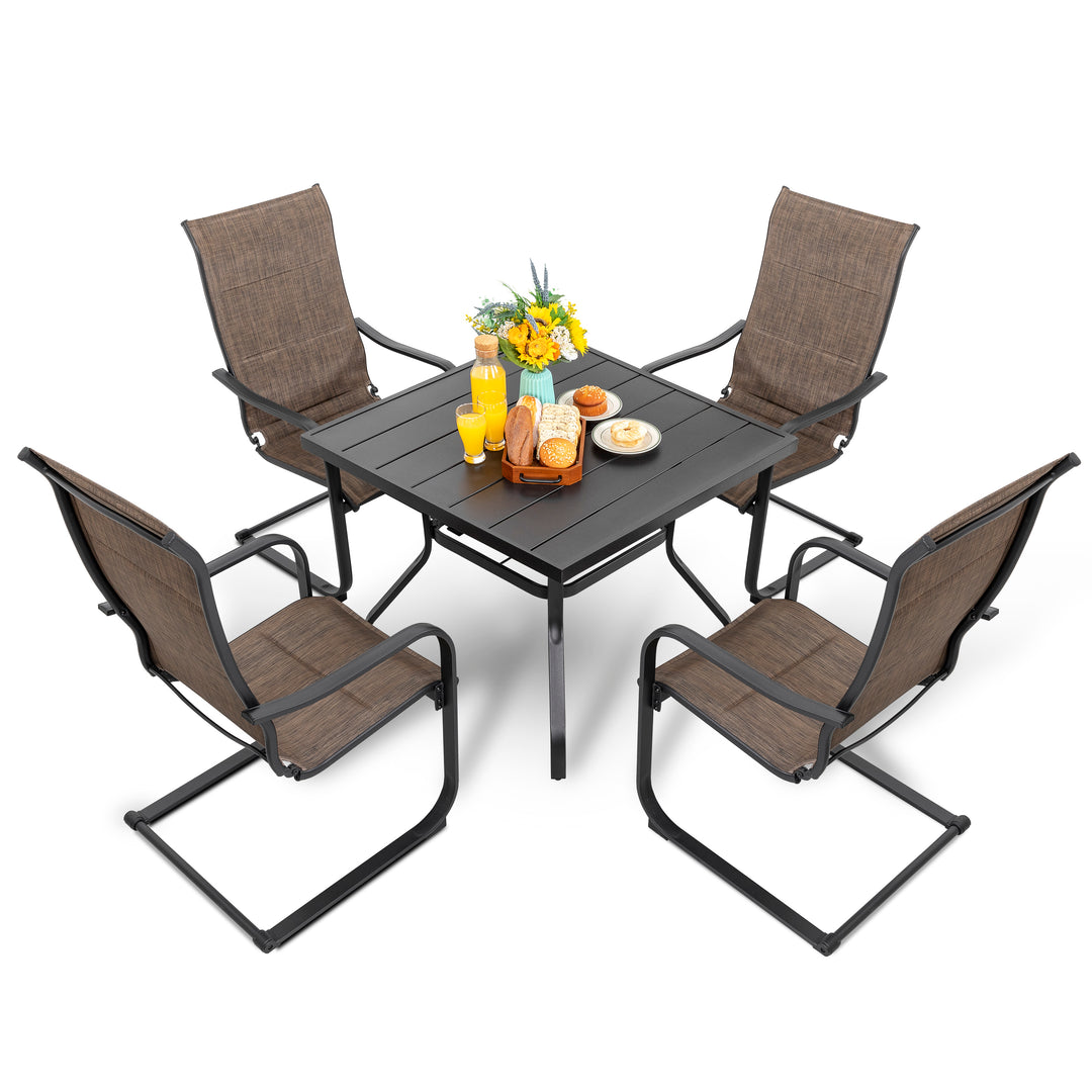 5 Piece Outdoor Dining Set, Square Steel Umbrella Dining Table and 4 C-spring Motion Textilene Chairs