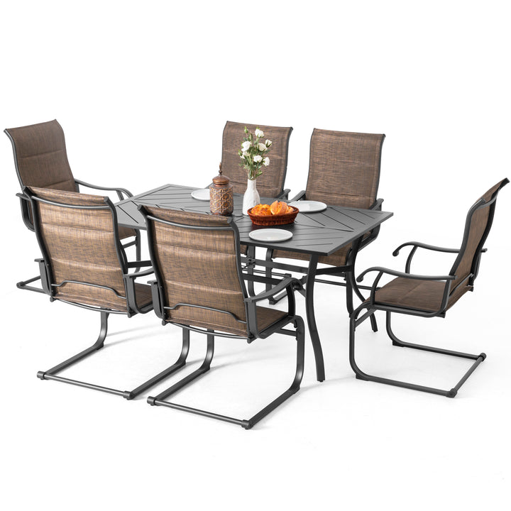 7 Piece Outdoor Dining Set, Rectangle Steel Umbrella Dining Table and 6 C-spring Motion Textilene Chairs