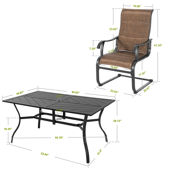 7 Piece Outdoor Dining Set, Rectangle Steel Umbrella Dining Table and 6 C-spring Motion Textilene Chairs