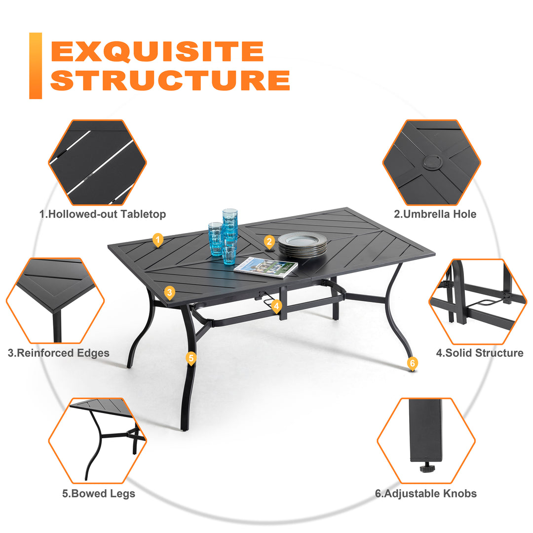 7 Piece Outdoor Dining Set, Rectangle Steel Umbrella Dining Table and 6 C-spring Motion Textilene Chairs