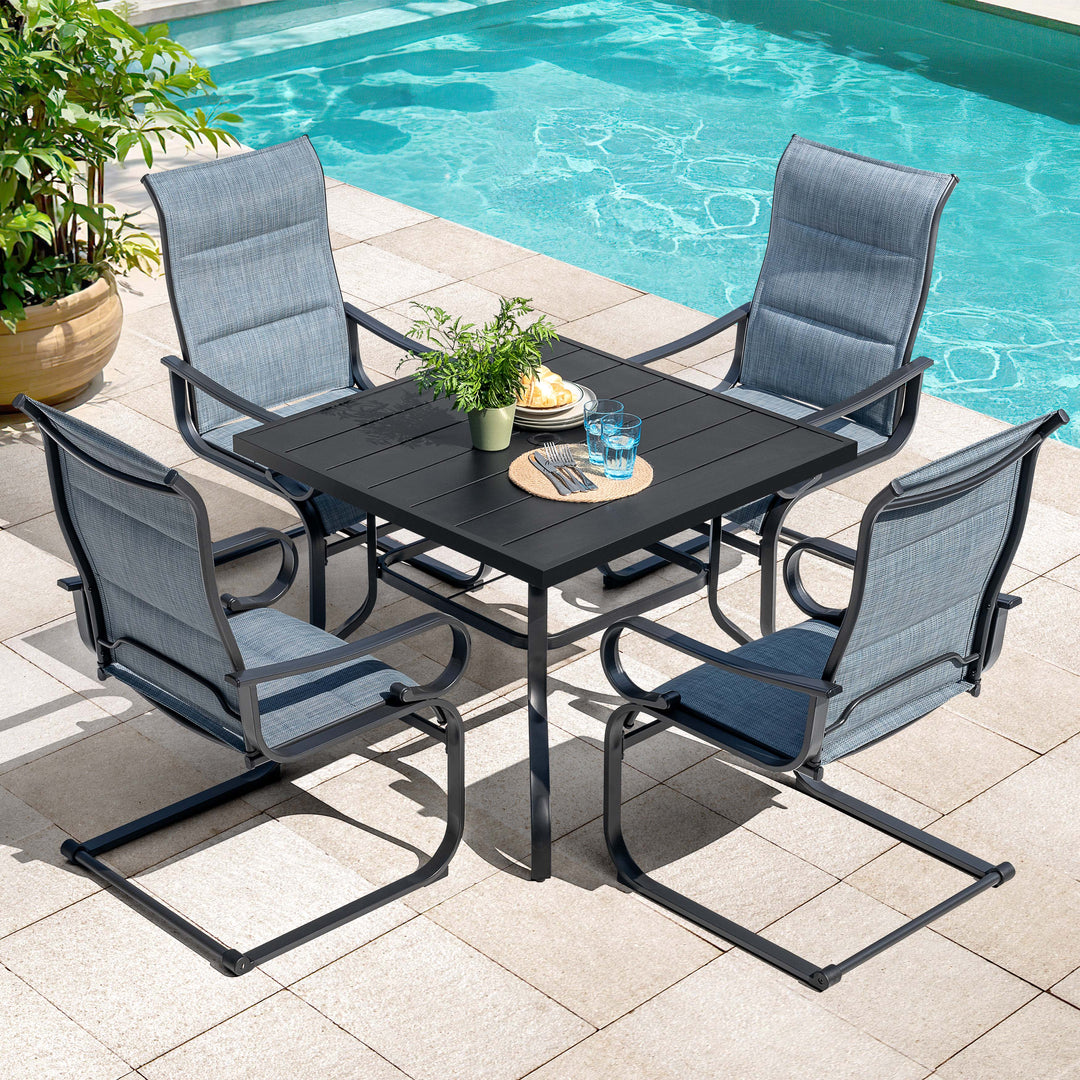 5PCS Padded Textilene Patio Dining Set with Umbrella Hole, C-Spring Motion