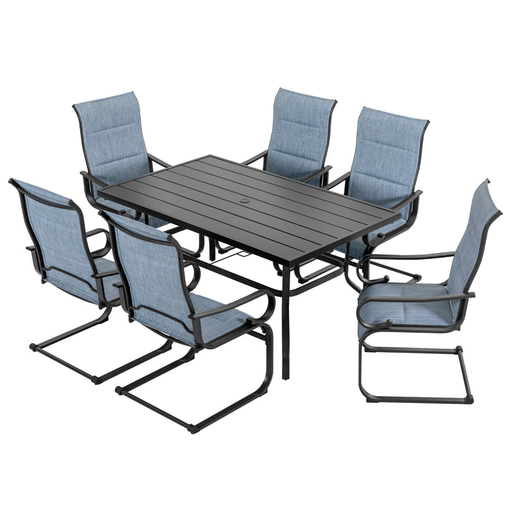 7PCS Padded Textilene Patio Dining Set with Umbrella Hole, C-Spring Motion