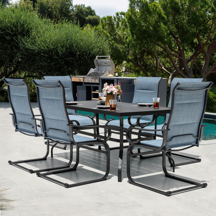 7PCS Padded Textilene Patio Dining Set with Umbrella Hole, C-Spring Motion