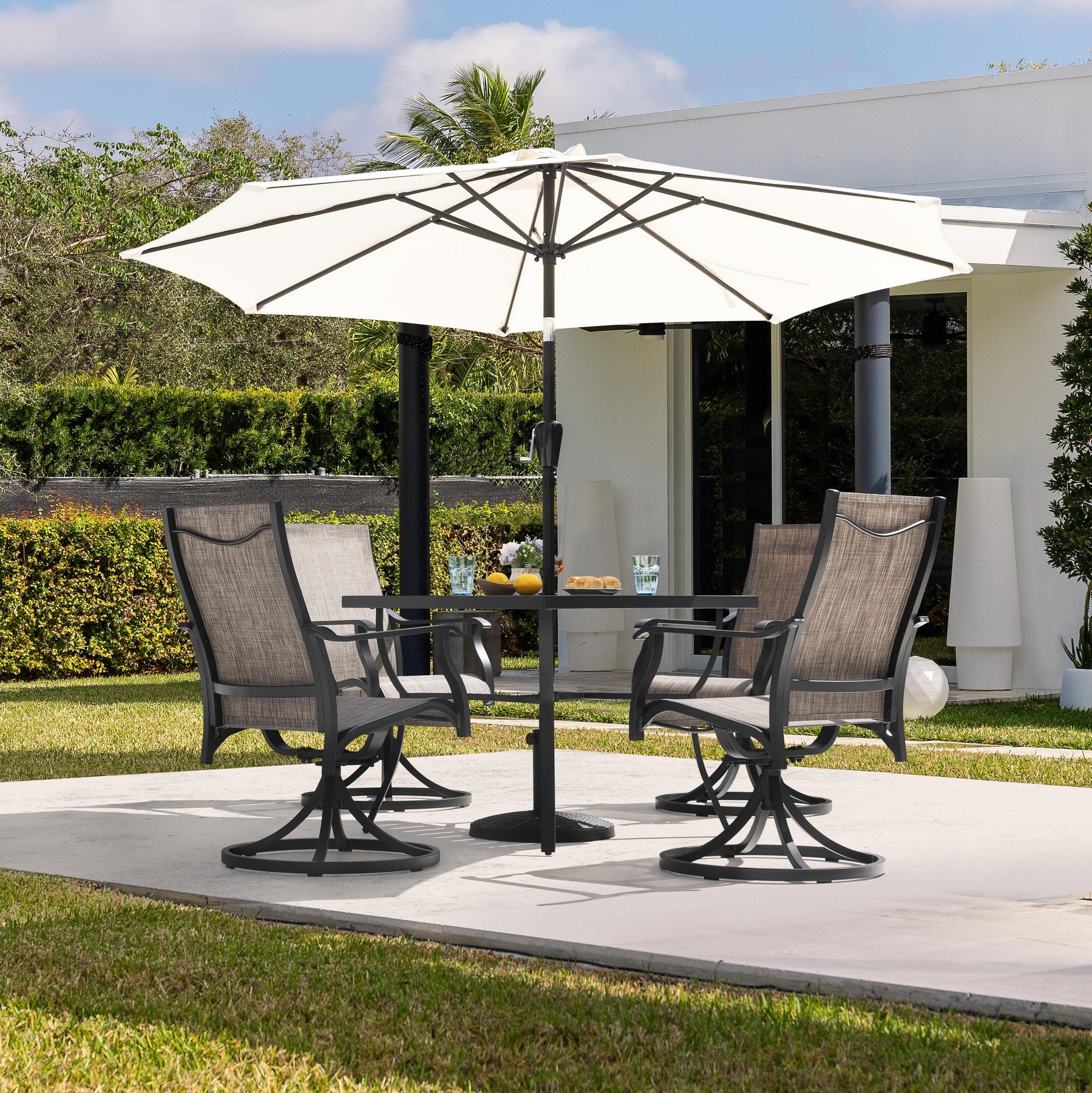 5 piece patio set with umbrella Patio 5-Piece Aluminum Dining Set with Textilene Swivel Chairs – Nuu Garden
