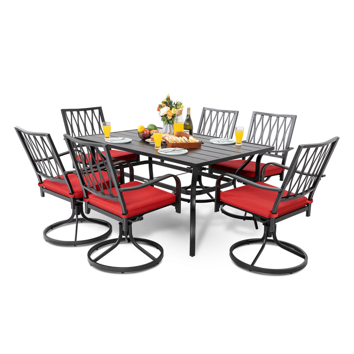 7-Piece Outdoor Dining Set, Outdoor Furniture Set for Rectangle Iron Umbrella Dining Table and 6 Cushioned Swivel Chairs, Black with Gold Speckles and Red Color