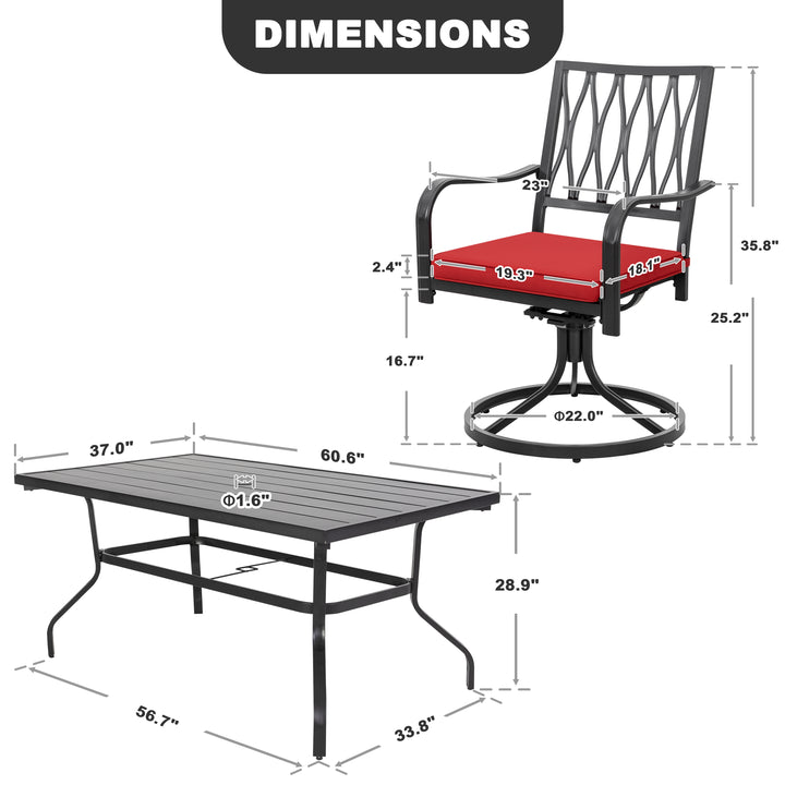 7-Piece Outdoor Dining Set, Outdoor Furniture Set for Rectangle Iron Umbrella Dining Table and 6 Cushioned Swivel Chairs, Black and Red Color