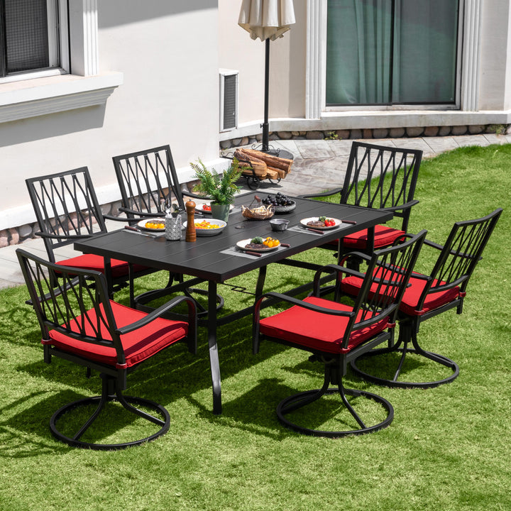 7-Piece Outdoor Dining Set, Outdoor Furniture Set for Rectangle Iron Umbrella Dining Table and 6 Cushioned Swivel Chairs, Black and Red Color