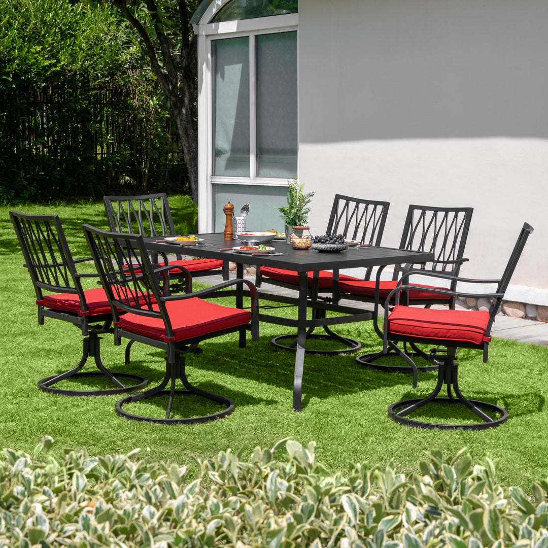 7-Piece Outdoor Dining Set, Outdoor Furniture Set for Rectangle Iron Umbrella Dining Table and 6 Cushioned Swivel Chairs, Black and Red Color