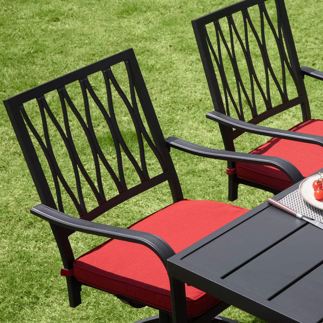 7-Piece Outdoor Dining Set, Outdoor Furniture Set for Rectangle Iron Umbrella Dining Table and 6 Cushioned Swivel Chairs, Black and Red Color