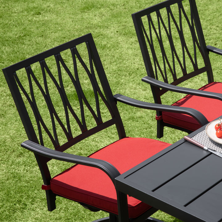 7-Piece Outdoor Dining Set, Outdoor Furniture Set for Rectangle Iron Umbrella Dining Table and 6 Cushioned Swivel Chairs, Black and Red Color