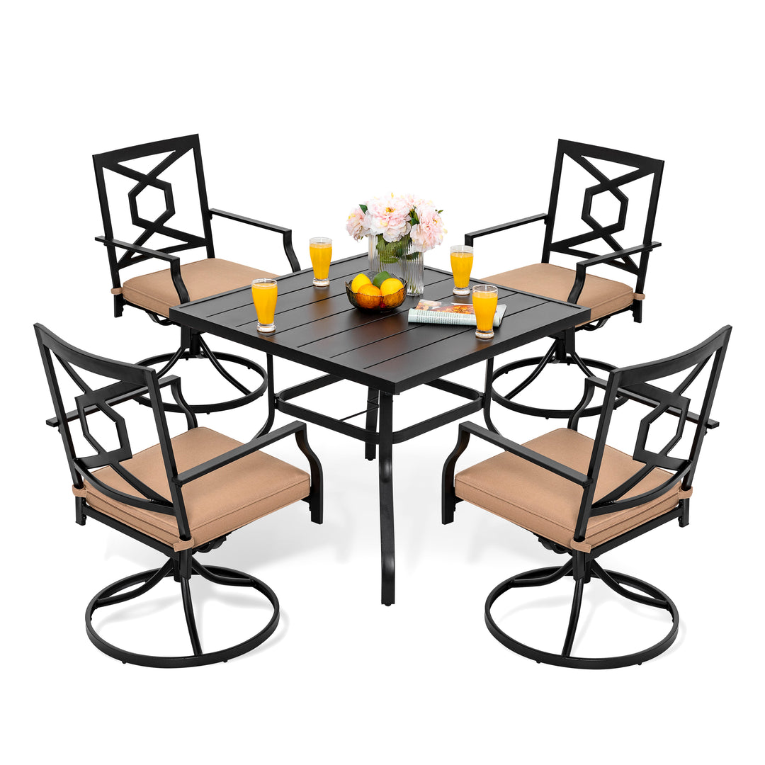 5-Piece Outdoor Patio Dining Set, 4 Swivel Rocker Chairs with Padded Cushions, Black with Gold Speckles and Beige Color