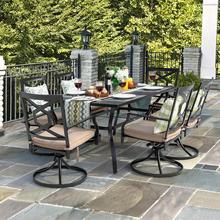 7-Piece Outdoor Patio Dining Set, 6 Swivel Rocker Chairs with Padded Cushions,Black with Gold Speckles and Beige Color
