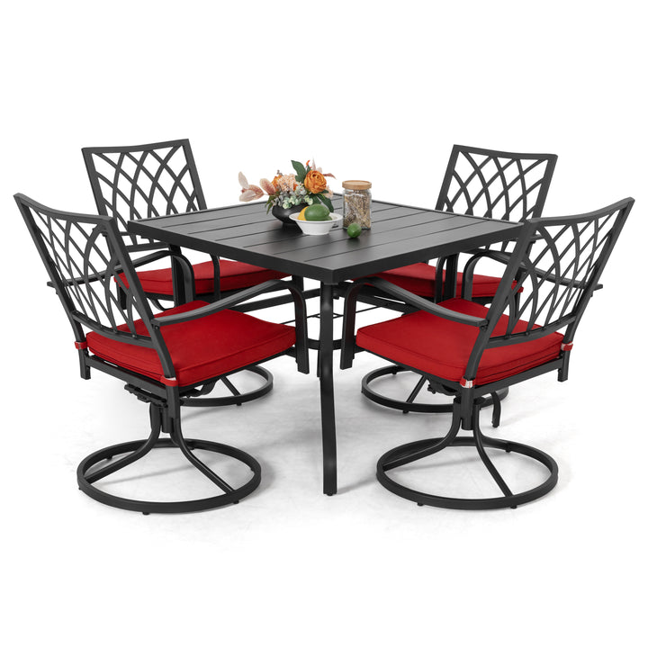 Patio Table and Chairs Set 5 Pieces, Outdoor Metal Dining Set with Umbrella Hole, Square Outdoor Dining Table with 4 Swivel Chairs and Red Cushions, Patio Dining Set for Balcony, Garden, Black