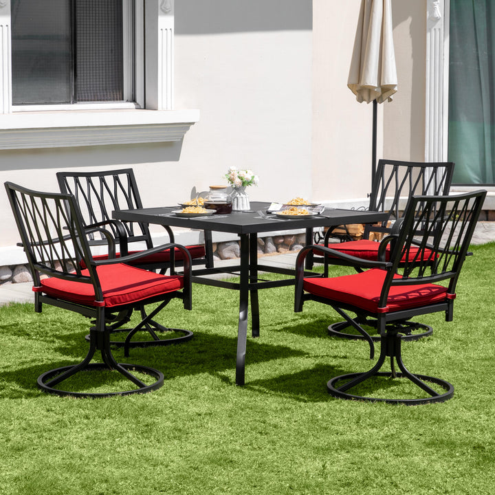 Patio Table and Chairs Set 5 Pieces, Outdoor Metal Dining Set with Umbrella Hole, Square Outdoor Dining Table with 4 Swivel Chairs and Red Cushions, Patio Dining Set for Balcony, Garden, Black