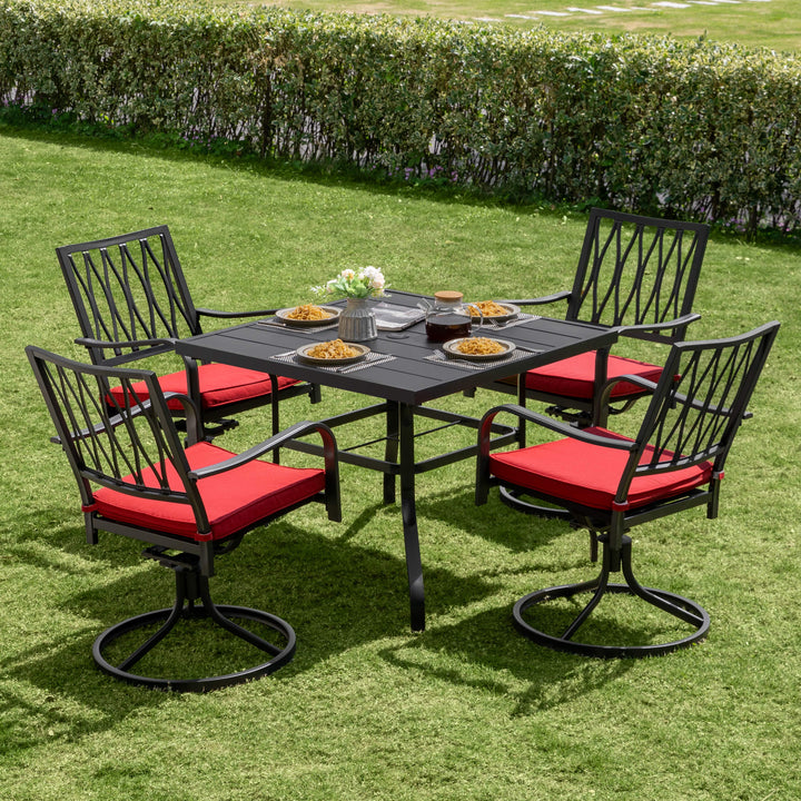 Patio Table and Chairs Set 5 Pieces, Outdoor Metal Dining Set with Umbrella Hole, Square Outdoor Dining Table with 4 Swivel Chairs and Red Cushions, Patio Dining Set for Balcony, Garden, Black