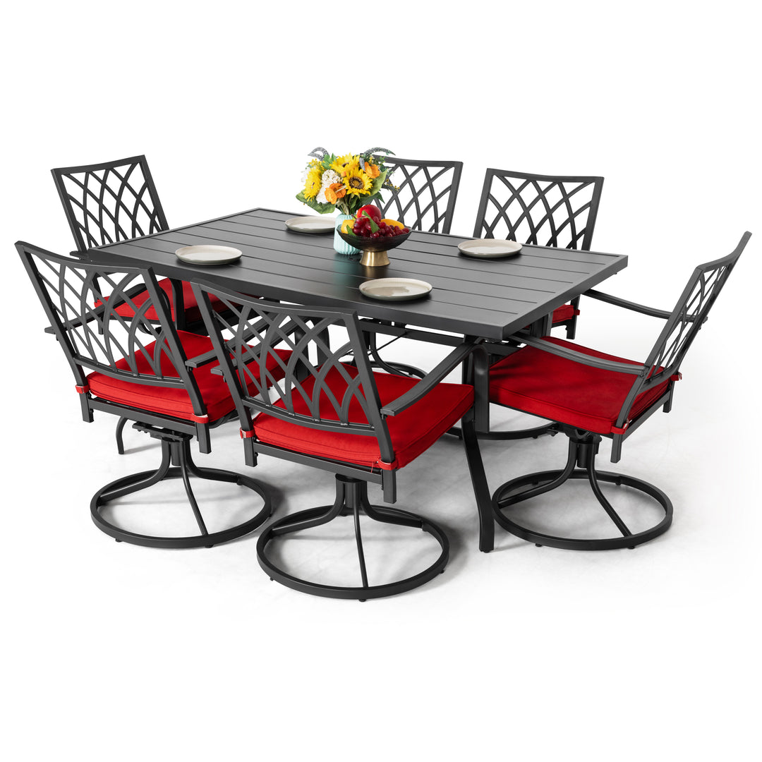 Outdoor Dining Set Patio Chair Set of 6 Outdoor Patio Table and Chairs 7 Pieces with Swivel Patio Chairs and Red Cushions for Backyard Lawn Deck Porch, All Weather Resistant, Black