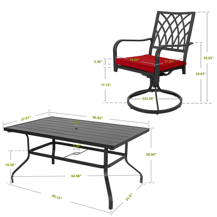 Outdoor Dining Set Patio Chair Set of 6 Outdoor Patio Table and Chairs 7 Pieces with Swivel Patio Chairs and Red Cushions for Backyard Lawn Deck Porch, All Weather Resistant, Black