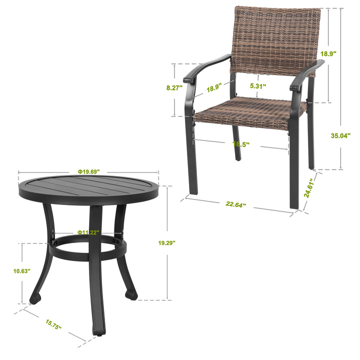 3 Pieces Natural Wicker Patio Bistro Set, Rattan Conversation Set with 20’’ Round Side Table, for Balcony, Porch, Garden, Yard, Poolside, Black