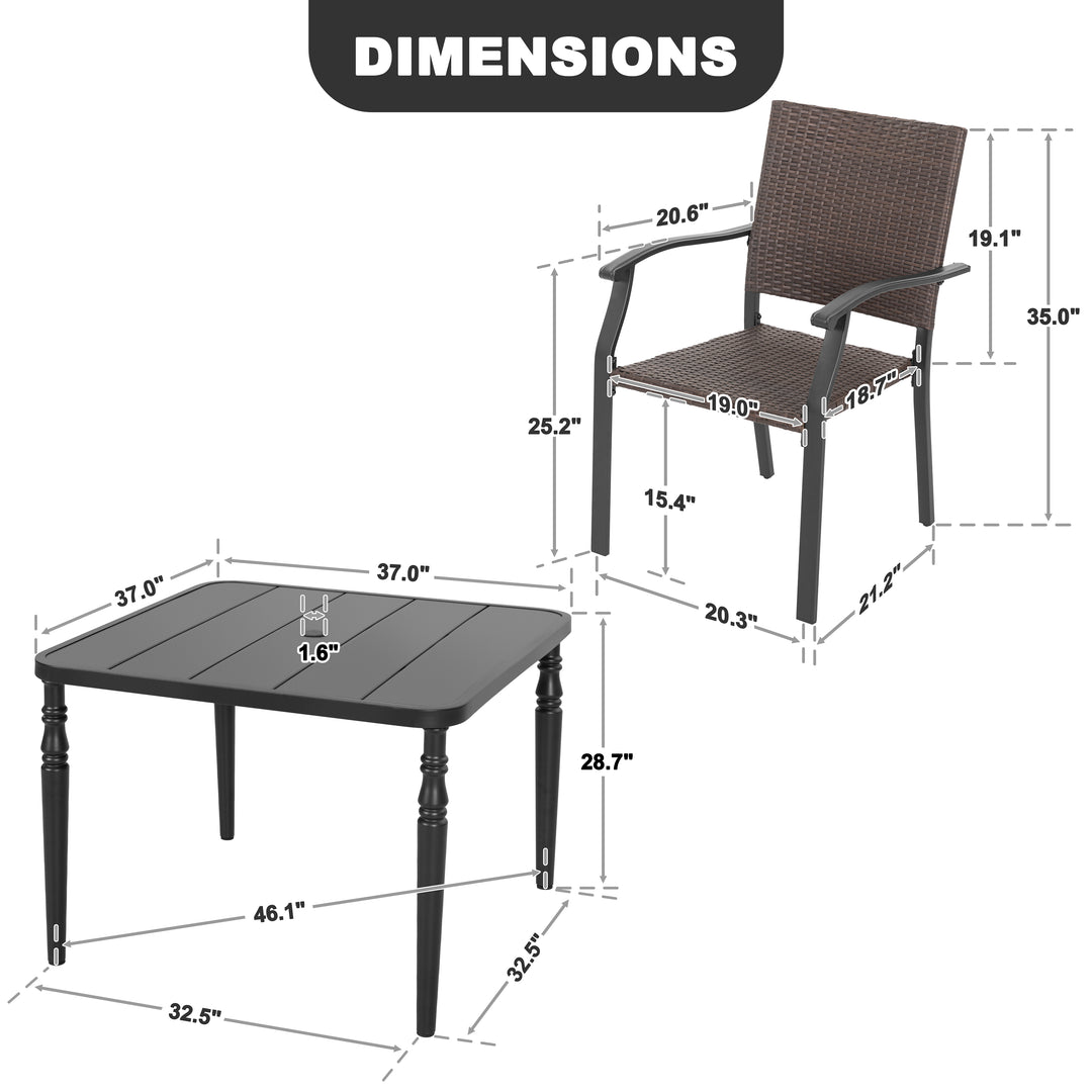 Outdoor 5-Piece Metal Wicker Dining Set with 1.6'' Umbrella Hole, Black