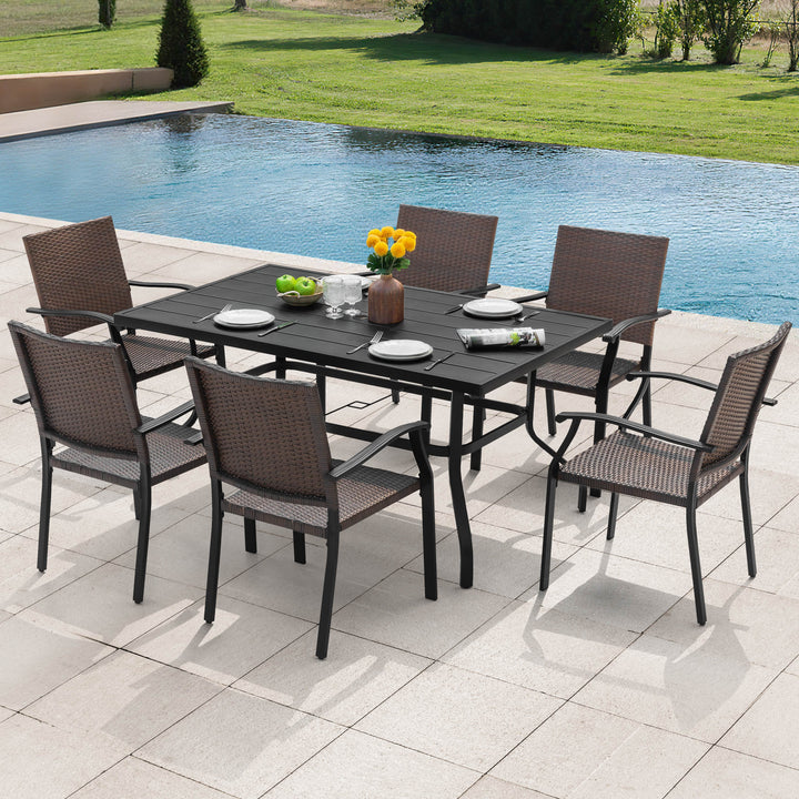 Outdoor 7-Piece Metal Wicker Dining Set with 1.57'' Umbrella Hole, Black