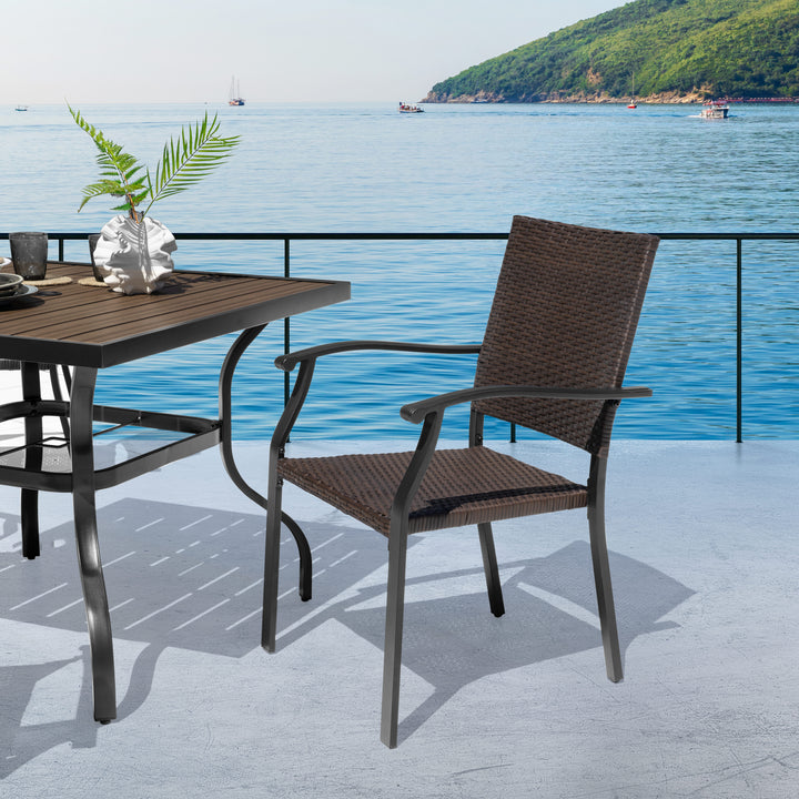 5PCS Patio Wicker Dining Set with Faux Wood Tabletop and Umbrella Hole