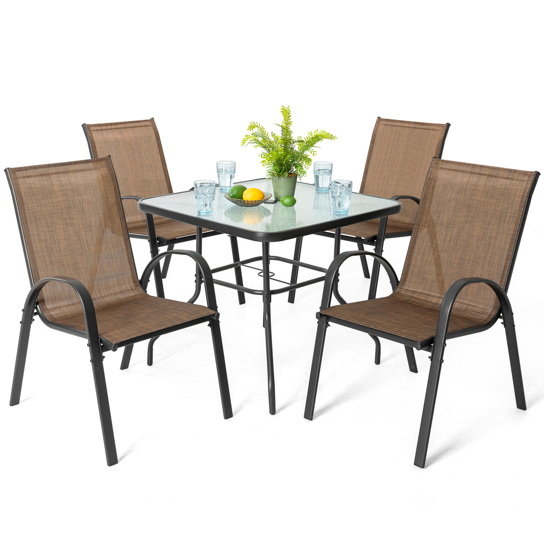 5 glass patio table with umbrella hole 5 Piece Outdoor Dining Set, 4 All Weather Outdoor Textilene Patio Chai – Nuu Garden