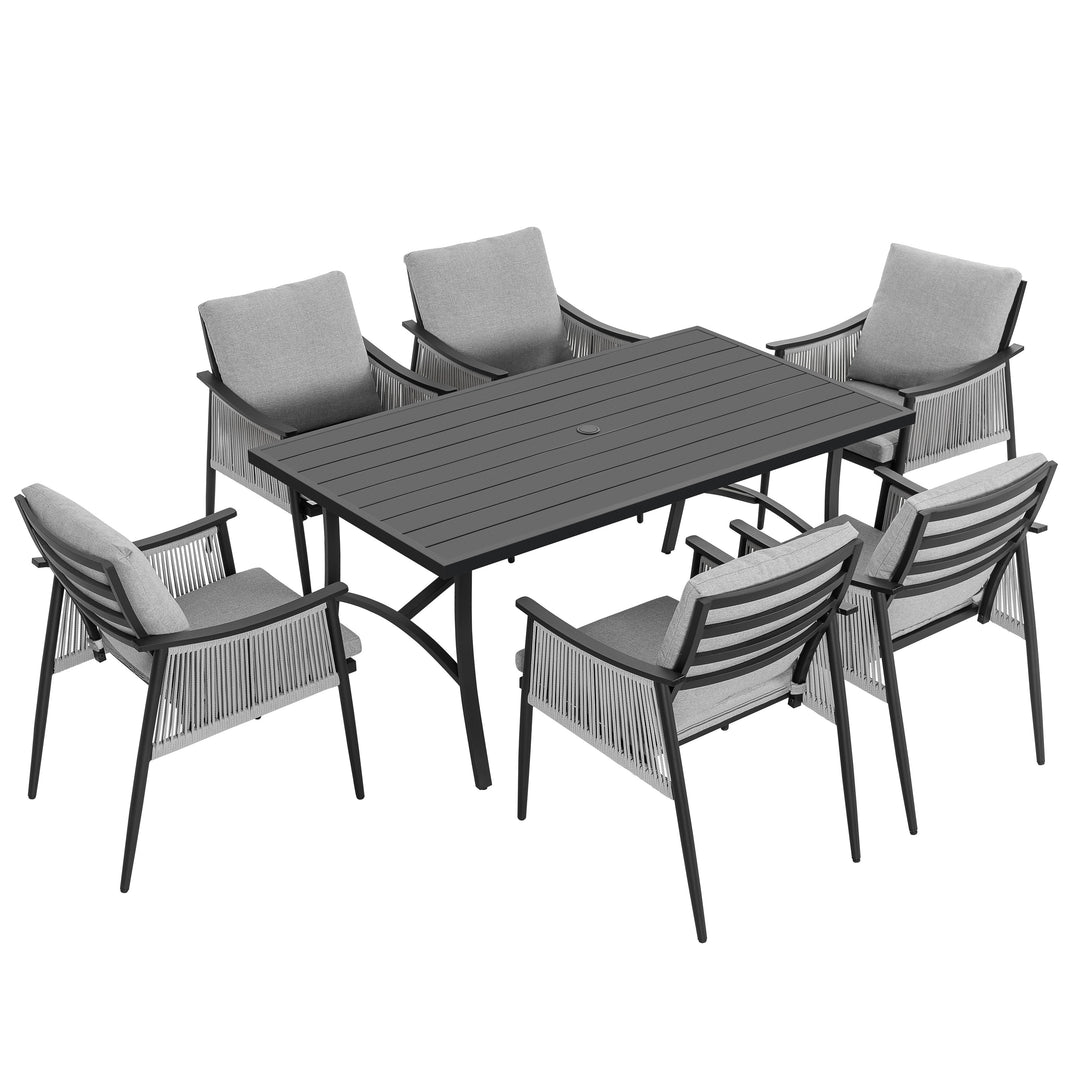 7-Piece Aluminum and Textilene Rope Patio Dining Set with Umbrella Hole