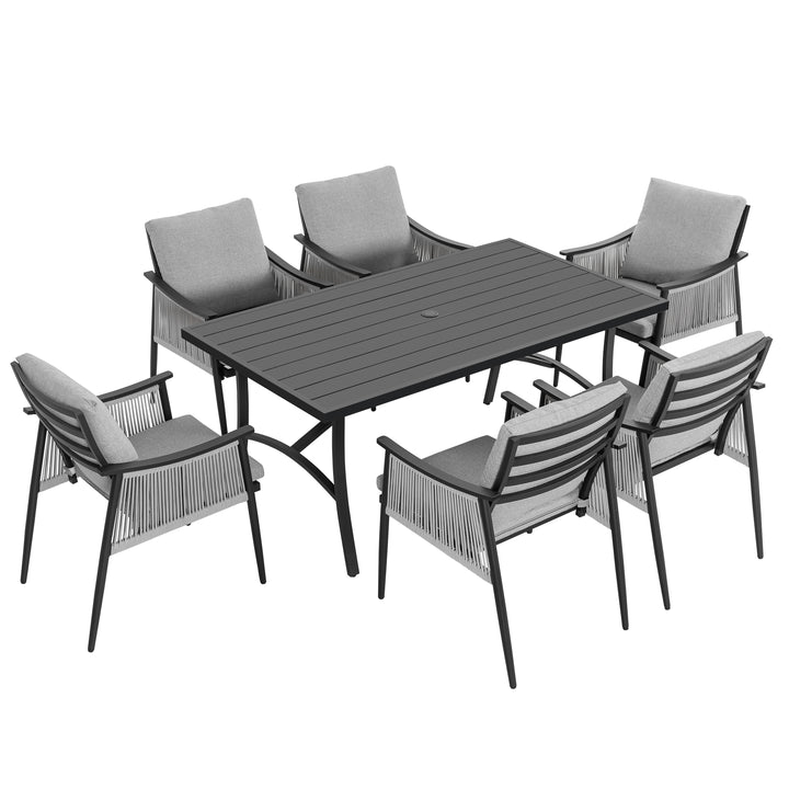 7-Piece Aluminum and Textilene Rope Patio Dining Set with Umbrella Hole