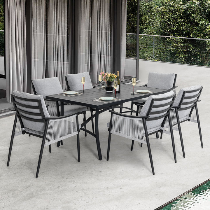 7-Piece Aluminum and Textilene Rope Patio Dining Set with Umbrella Hole