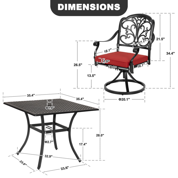 Cast Aluminum 5-Piece Patio Dining Set with Umbrella Hole, Swivel Chairs