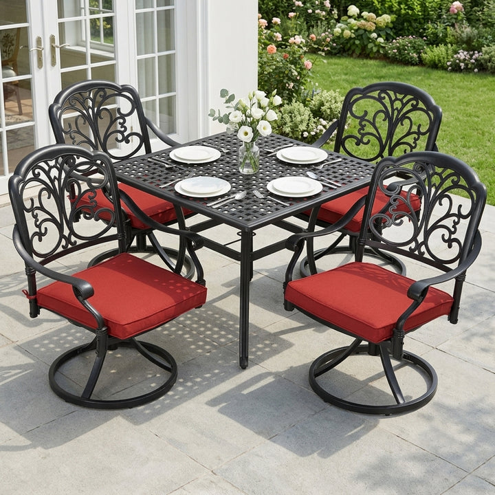 Cast Aluminum 5-Piece Patio Dining Set with Umbrella Hole, Swivel Chairs
