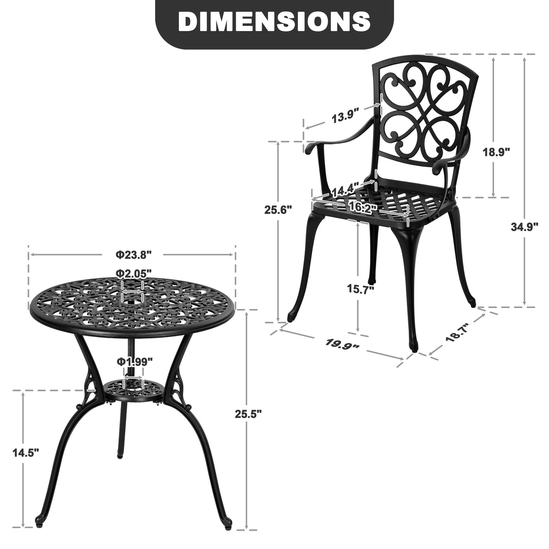 Patio Bistro Set of 2, Cast Aluminum Table and Chairs with Umbrella Hole