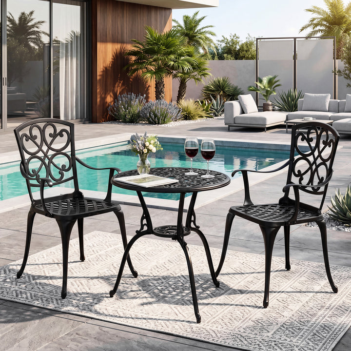 Patio Bistro Set of 2, Cast Aluminum Table and Chairs with Umbrella Hole