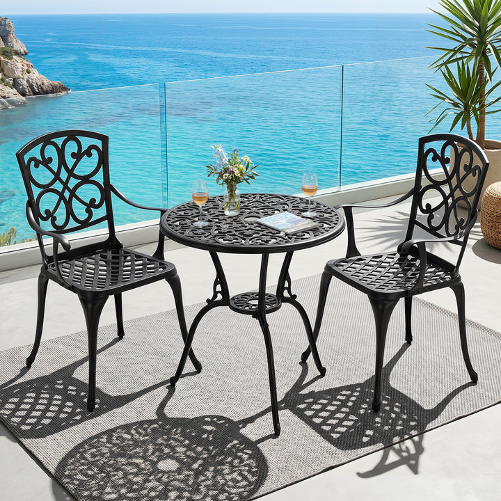 Patio Bistro Set of 2, Cast Aluminum Table and Chairs with Umbrella Hole