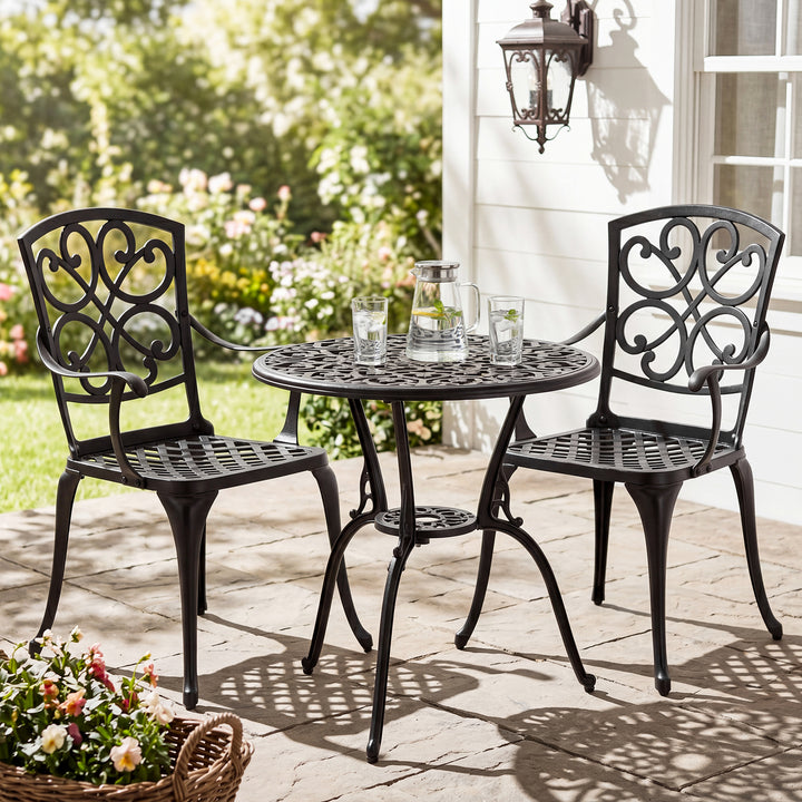 Patio Bistro Set of 2, Cast Aluminum Table and Chairs with Umbrella Hole