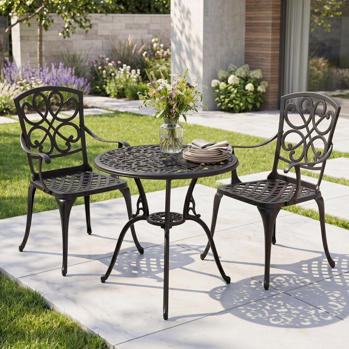 Patio Bistro Set of 2, Cast Aluminum Table and Chairs with Umbrella Hole