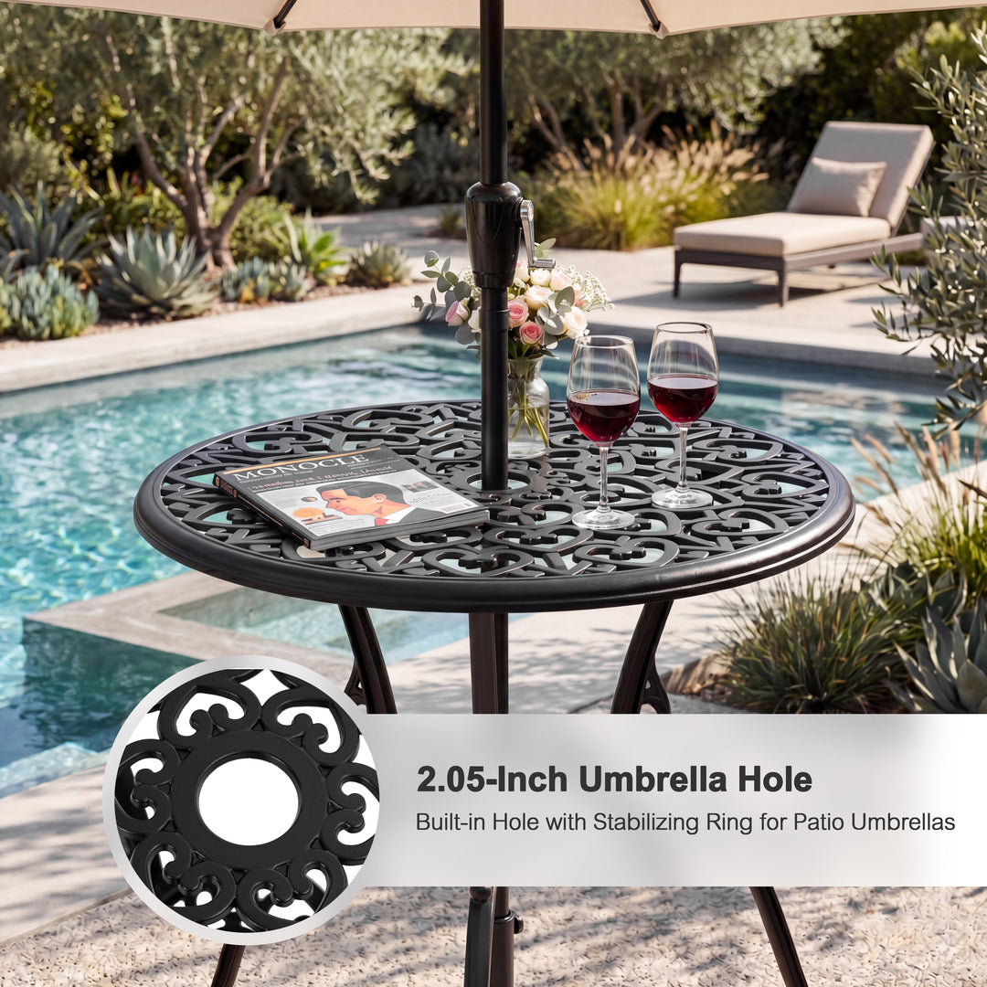 Patio Bistro Set of 2, Cast Aluminum Table and Chairs with Umbrella Hole