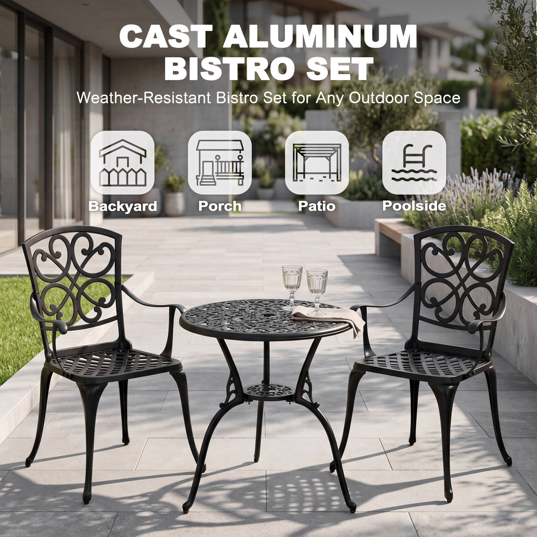 Patio Bistro Set of 2, Cast Aluminum Table and Chairs with Umbrella Hole