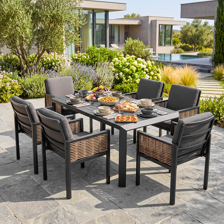 7-Piece Aluminum Wicker Outdoor Dining Set with Zippered Cushions