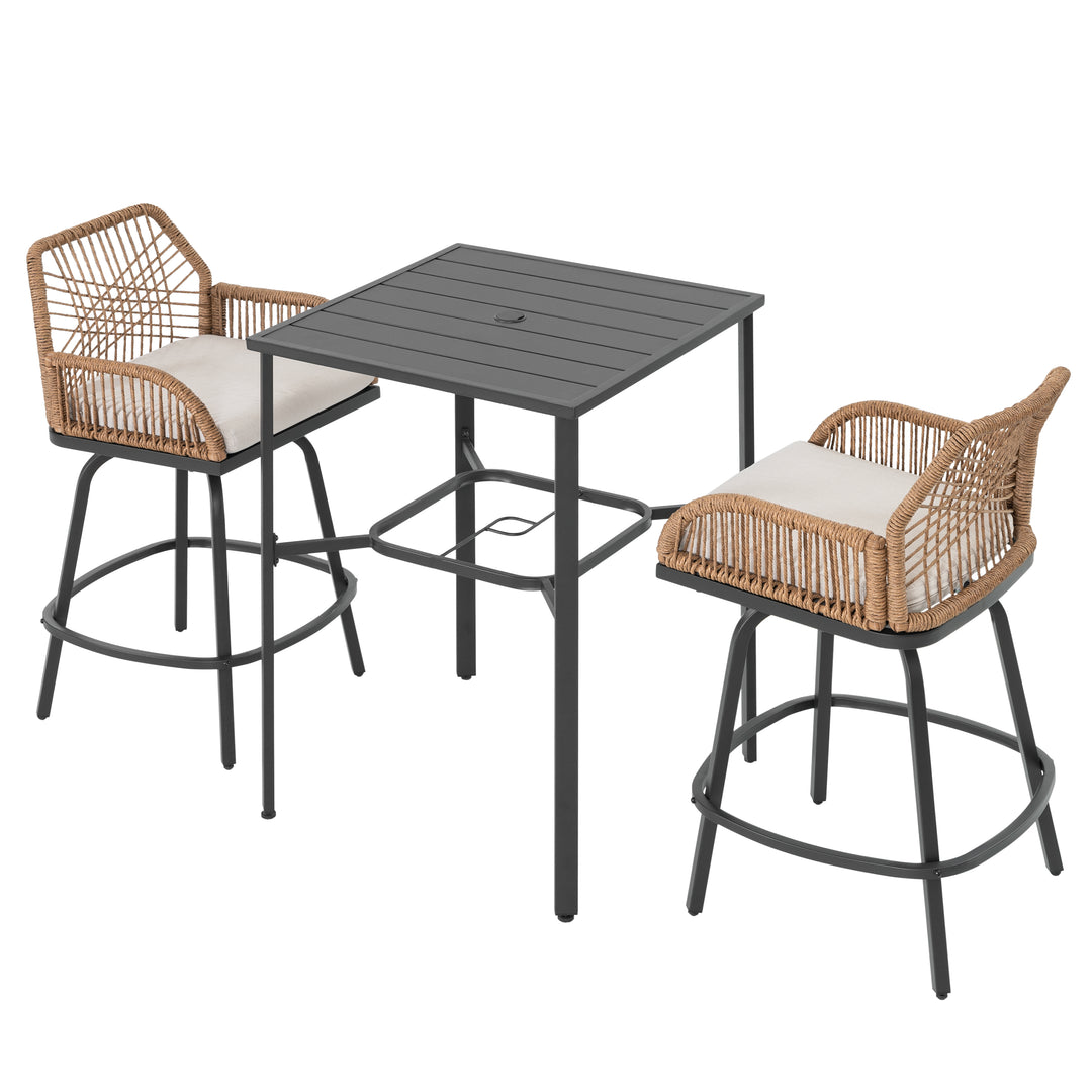 3PCS Swivel Patio Bar Set with Cushions, Handwoven Twisted Rattan Design