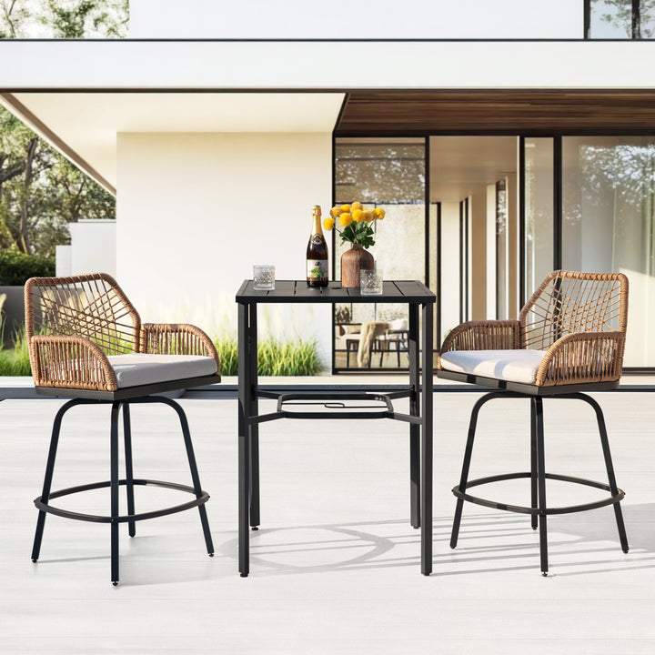 3PCS Swivel Patio Bar Set with Cushions, Handwoven Twisted Rattan Design